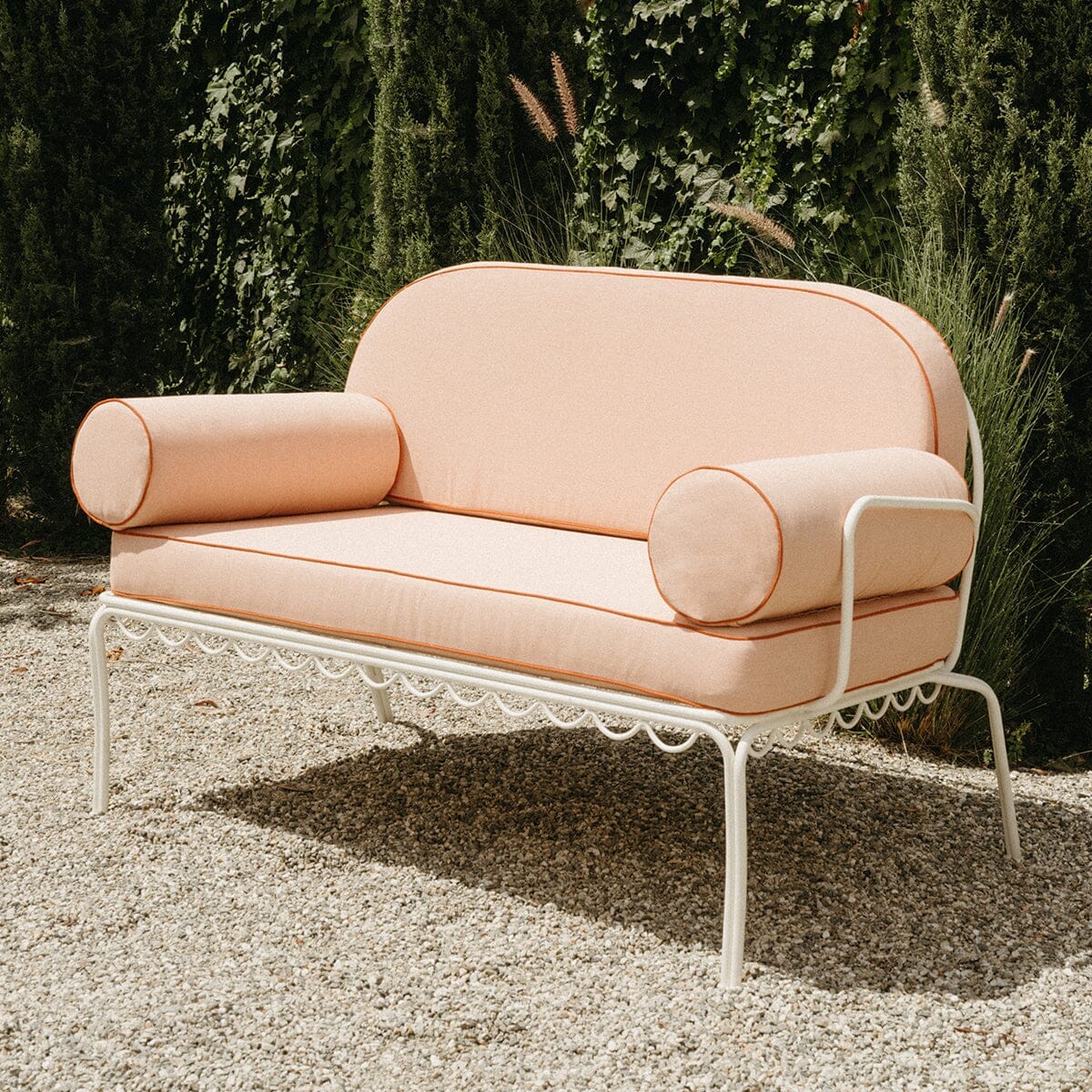 The Al Fresco Love Seat in Rivie Pink | Antique White Frame Al Fresco Love Seat Kit Business & Pleasure Co. 