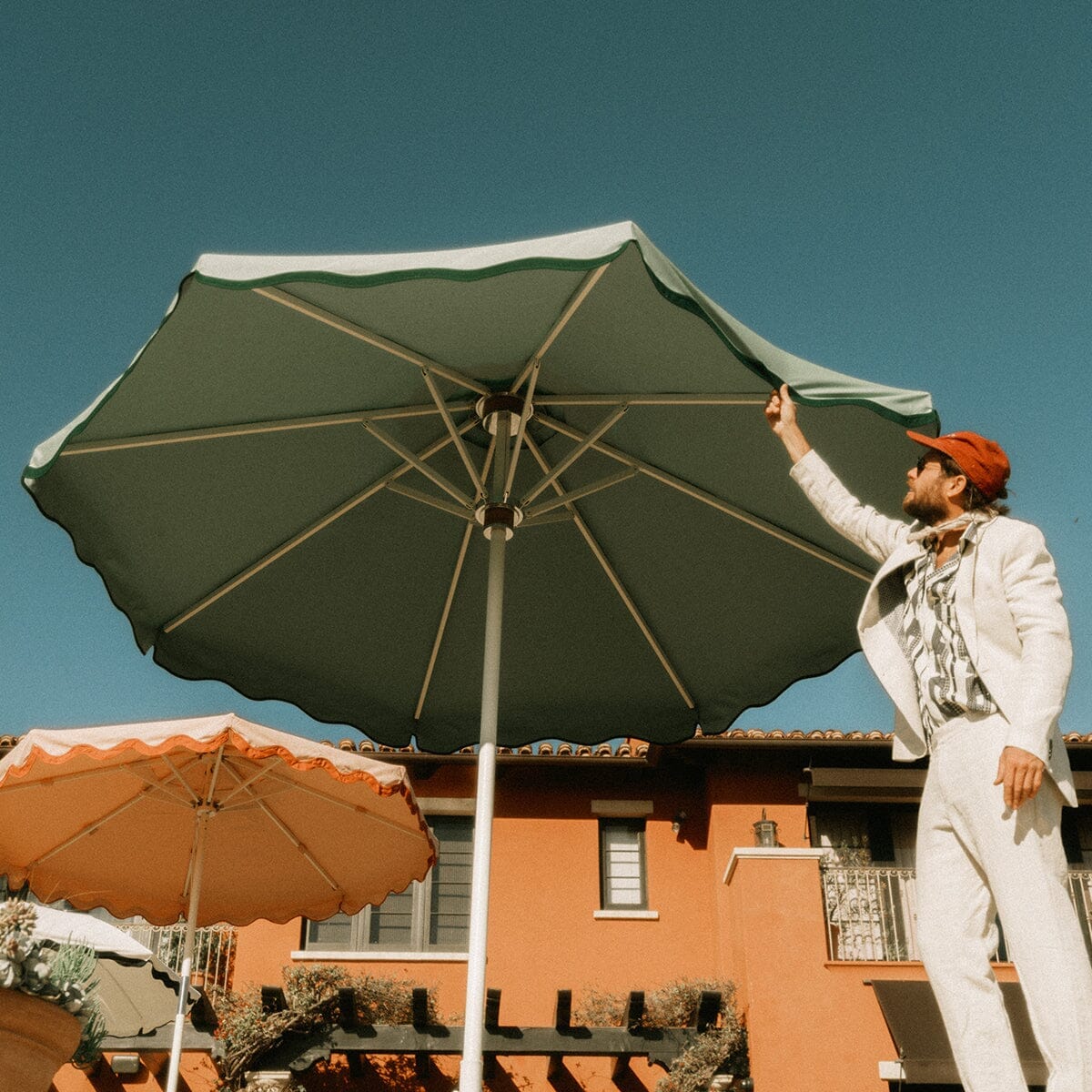 The Resort Market Umbrella in Rivie Green | 8' Antique White Frame Resort Market Umbrella Kit Business & Pleasure Co. 