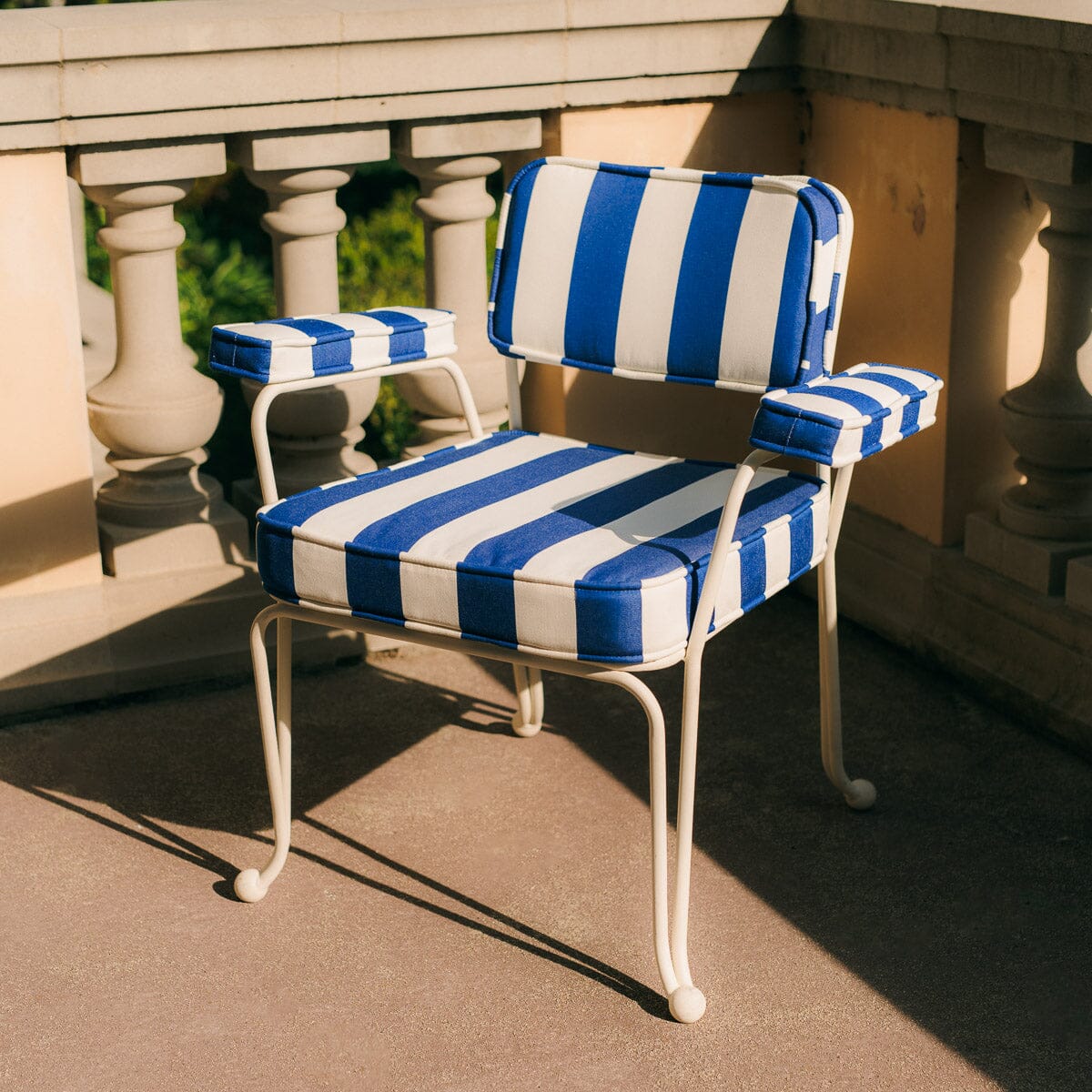 The Waterhouse Dining Chair in Crew Mediterranean Blue Stripe | Antique White Frame Kit Business & Pleasure Co. 