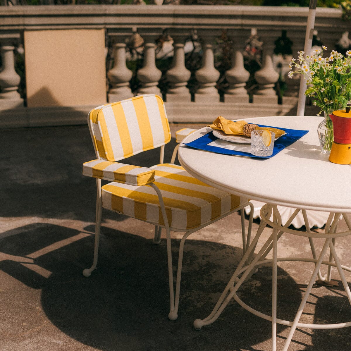 The Waterhouse Dining Chair in Crew Mimosa Yellow Stripe | Antique White Frame Kit Business & Pleasure Co. 