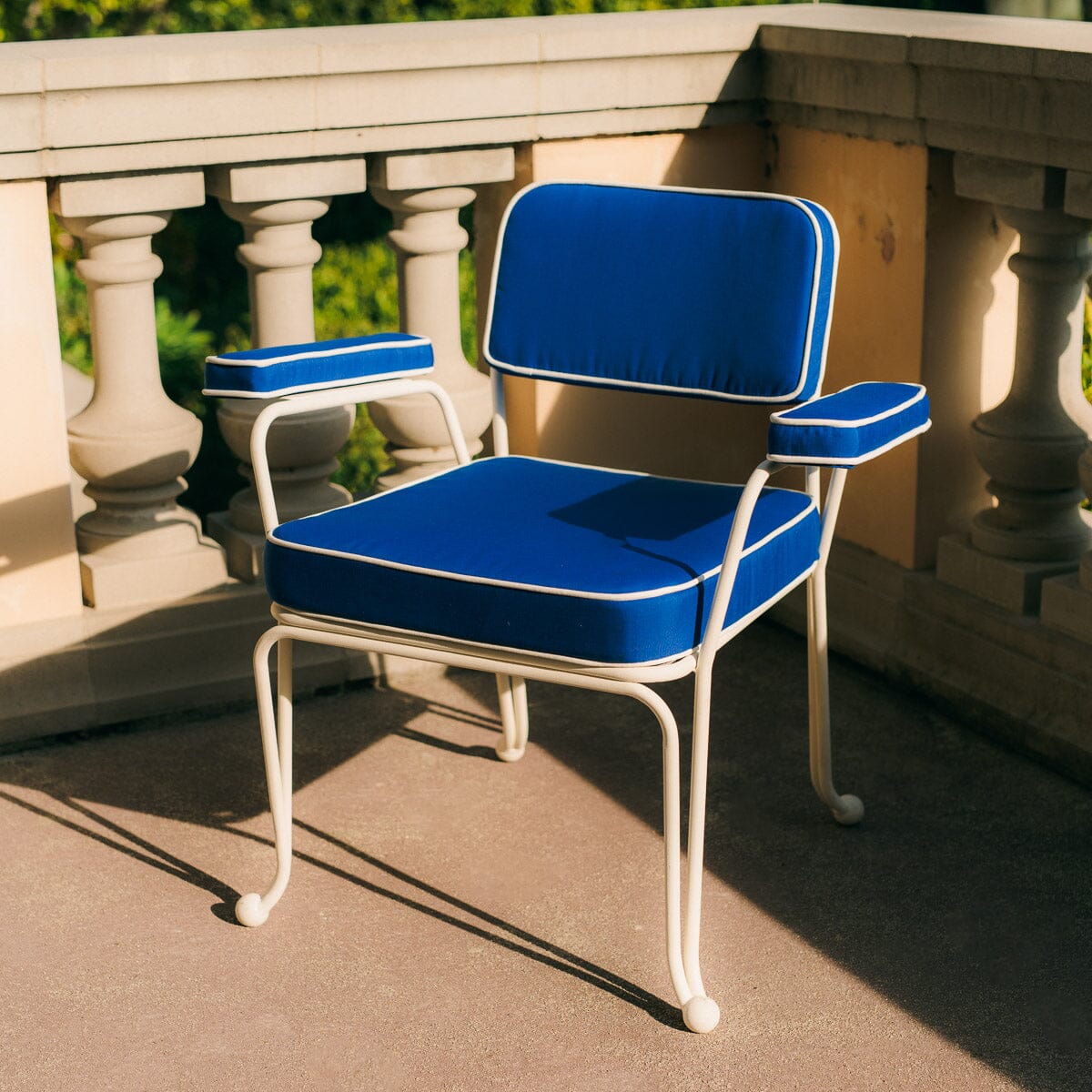 The Waterhouse Dining Chair in Rivie Mediterranean Blue | Antique White Frame Kit Business & Pleasure Co. 