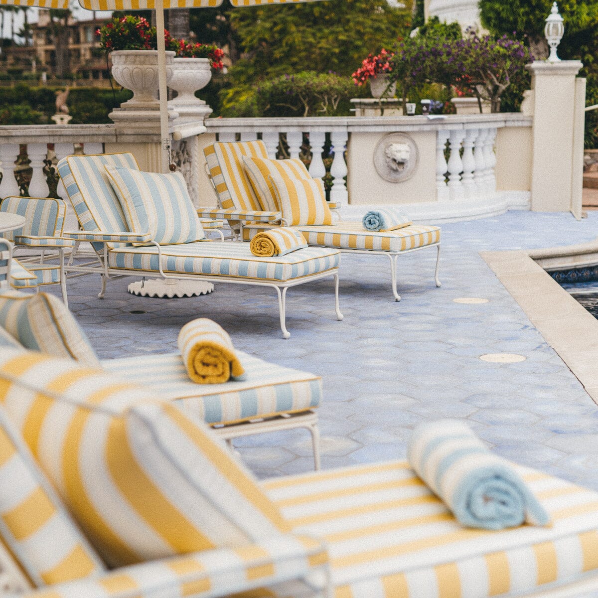 The Waterhouse Sun Lounger in Tuuli Stripe Yellow | Antique White Frame Waterhouse Sun Lounger Kit Business & Pleasure Co. 