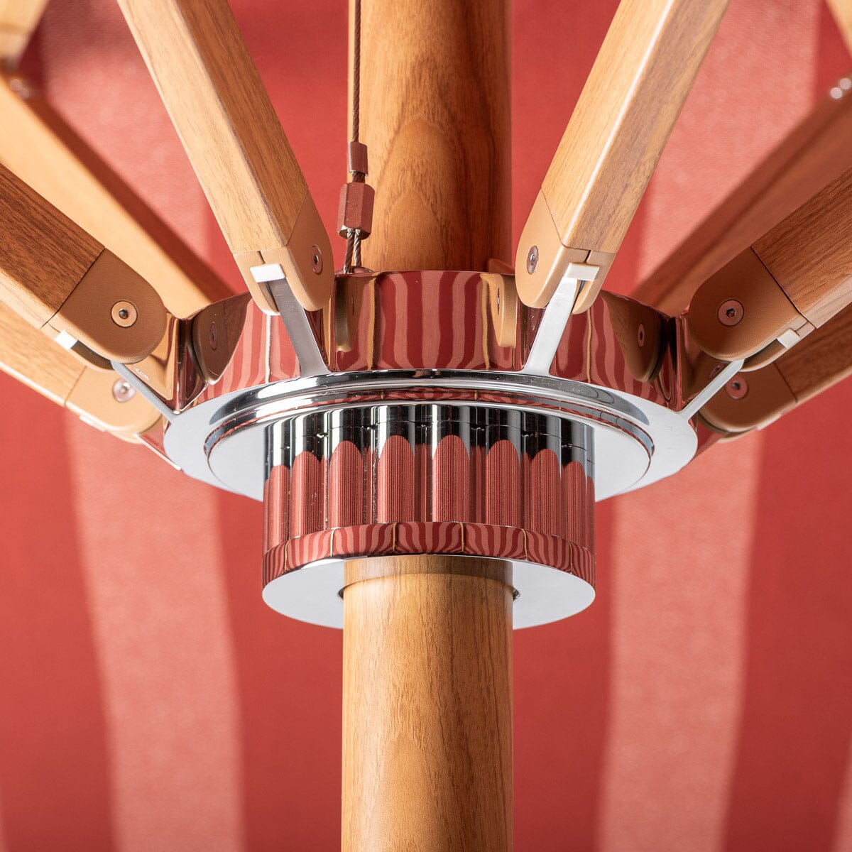 The Resort Market Umbrella in Terry Terracotta Stripe | Transfer Teak Frame Resort Market Umbrella Kit Business & Pleasure Co Aus 