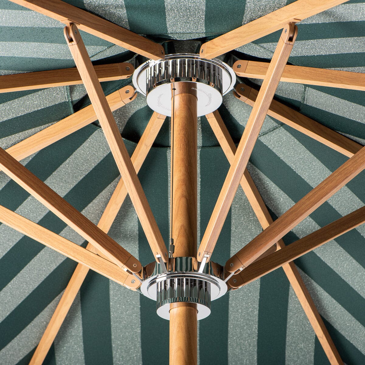 The Resort Market Umbrella in Terry Green Stripe | Transfer Teak Frame Resort Market Umbrella Kit Business & Pleasure Co Aus 