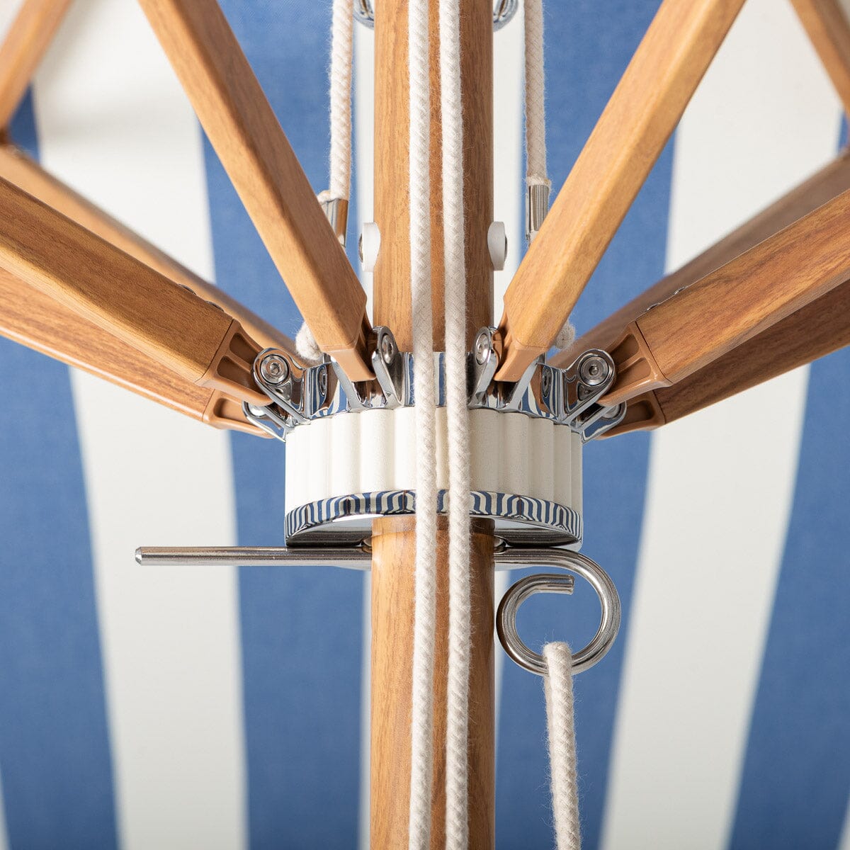 Terrace Umbrella in Crew Mediterranean Blue Stripe | Transfer Teak Frame Terrace Umbrella Kit Business & Pleasure Co Aus 