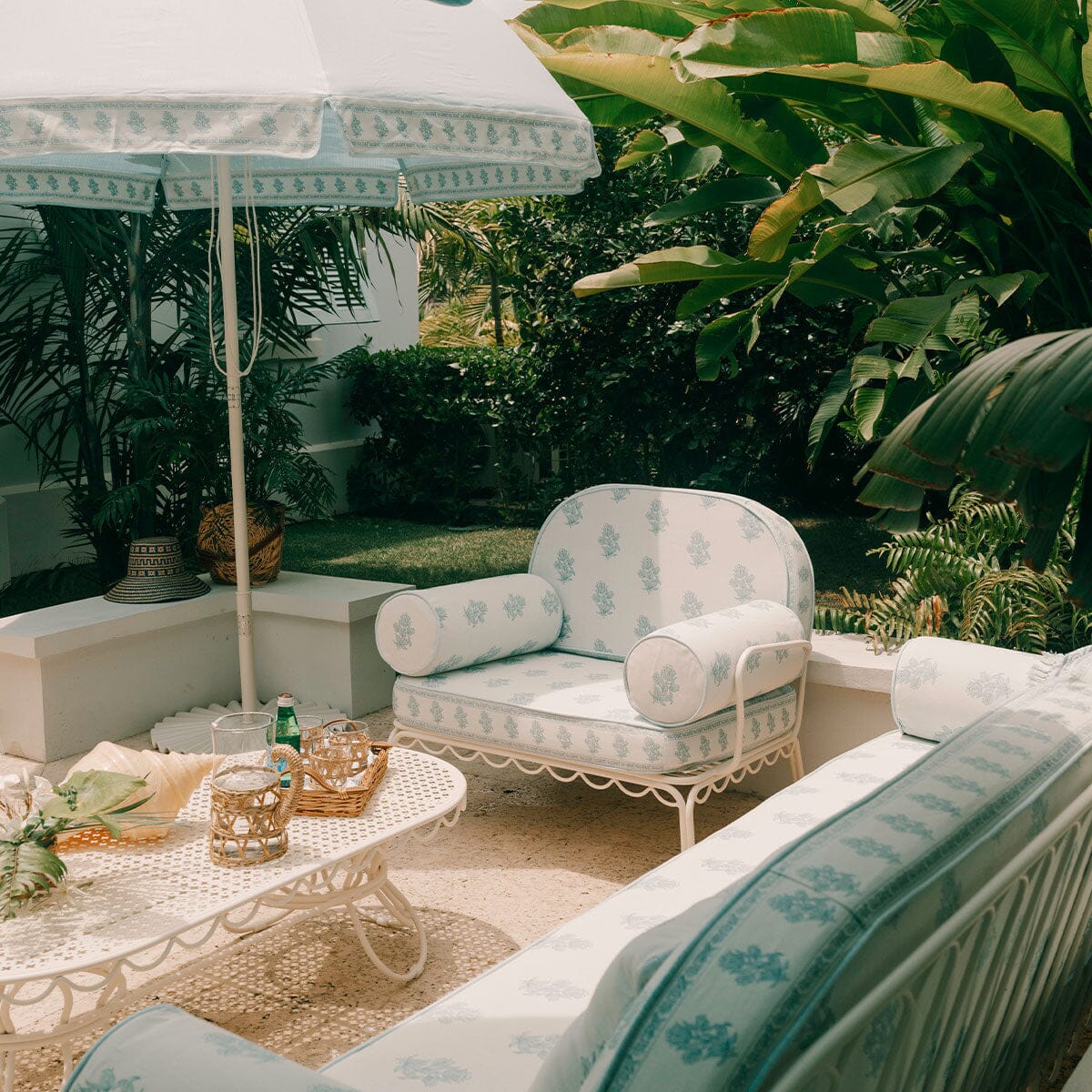 The Al Fresco Accent Chair by Amanda Lindroth in Jaipur Blue | Antique White Frame Al Fresco Accent Chair Kit B&P by Amanda Lindroth 