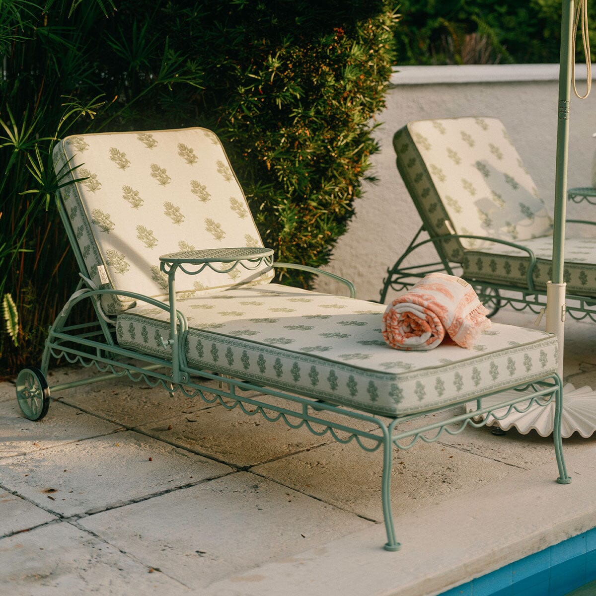 The Al Fresco Sun Lounger by Amanda Lindroth in Jaipur Green | Sage Green Frame Al Fresco Sun Lounger Kit B&P by Amanda Lindroth 