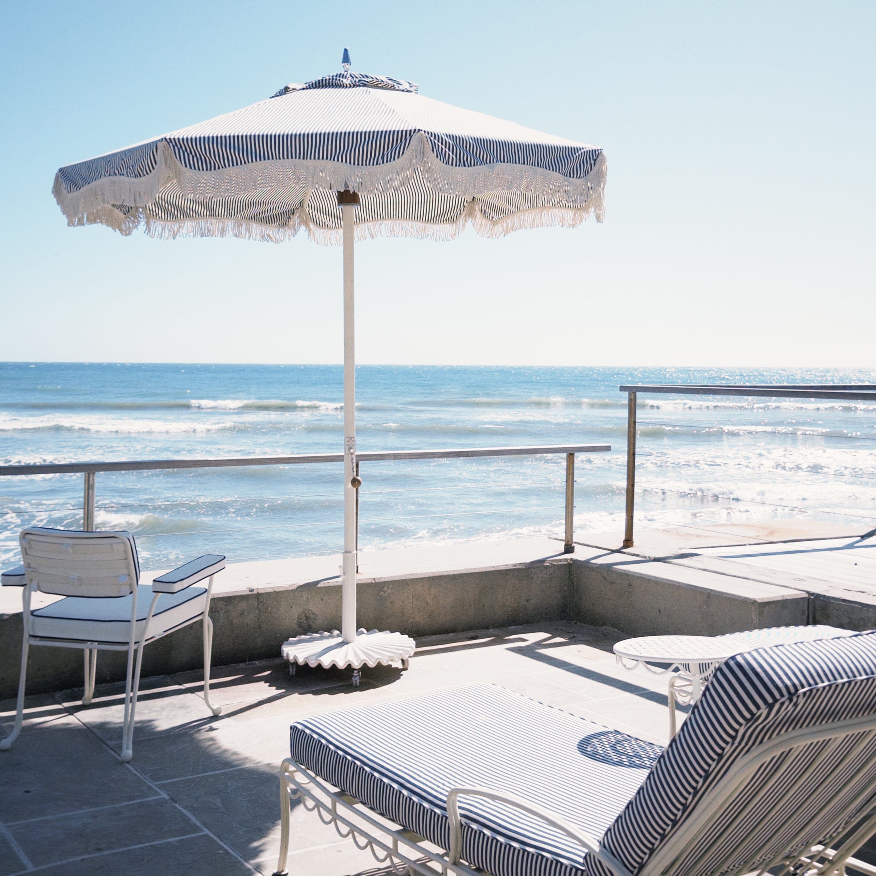 The Resort Market Umbrella in Lauren's Navy Stripe | 8' Antique White Frame Resort Market Umbrella Kit Business & Pleasure Co. 