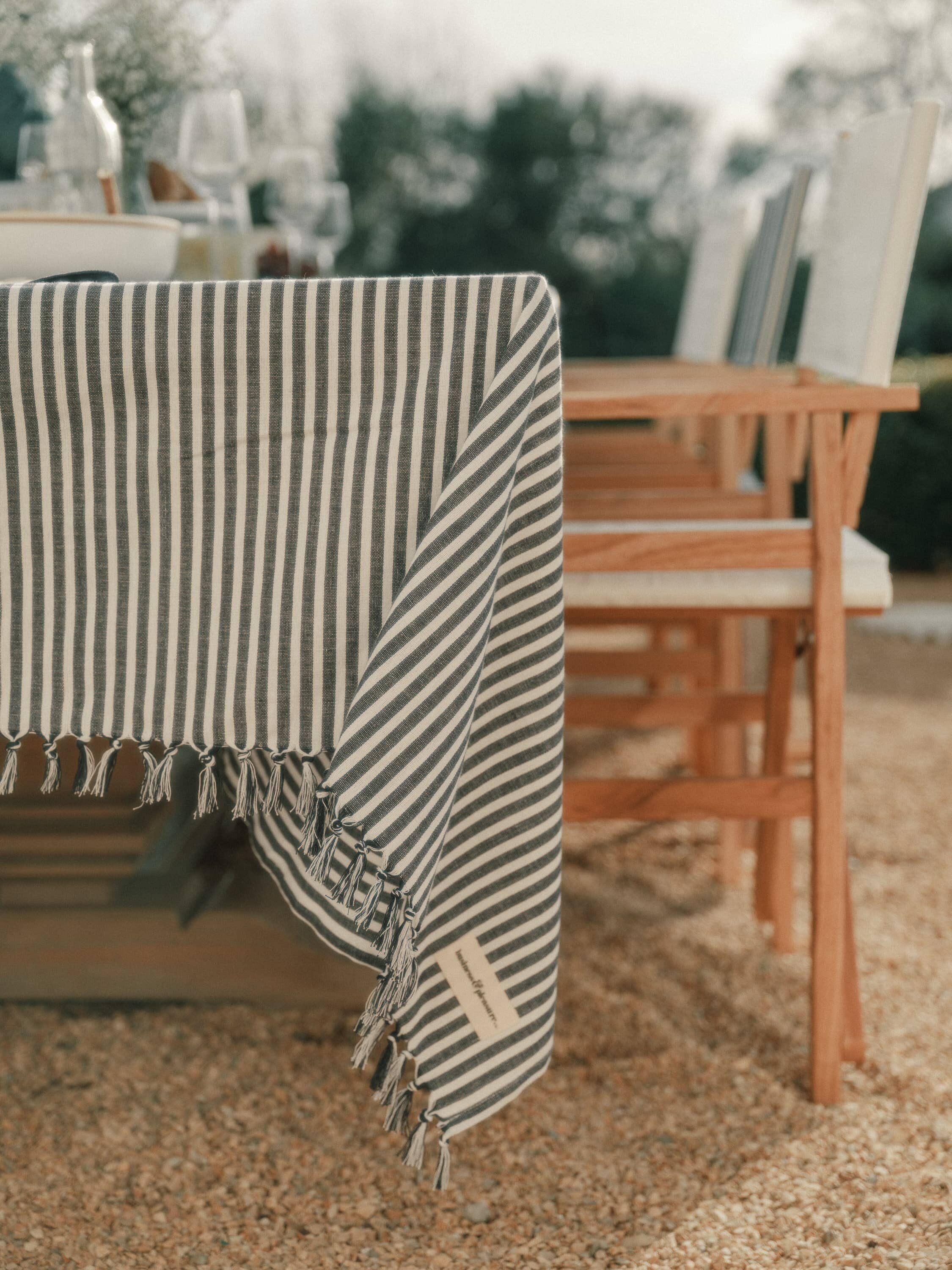 Outdoor dining table with navy stripe table cloth