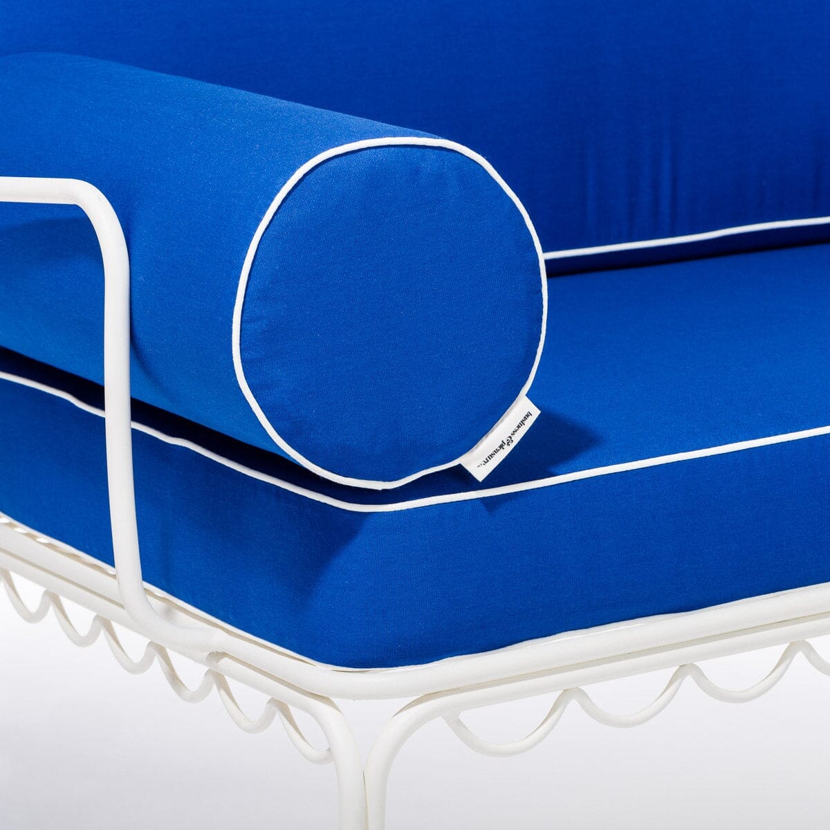 The Al Fresco Love Seat in Rivie Mediterranean Blue | Antique White Frame Al Fresco Love Seat Kit Business & Pleasure Co Aus 