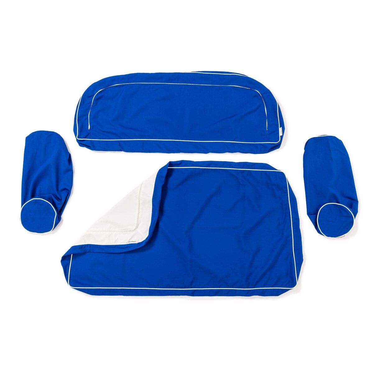 The Al Fresco Love Seat in Rivie Mediterranean Blue | Antique White Frame Al Fresco Love Seat Kit Business & Pleasure Co Aus 