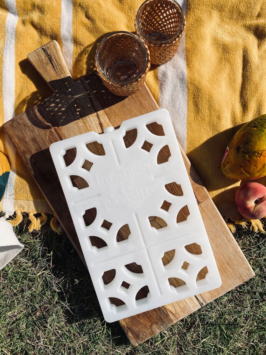 Ice pack on a wooden board at a picnic